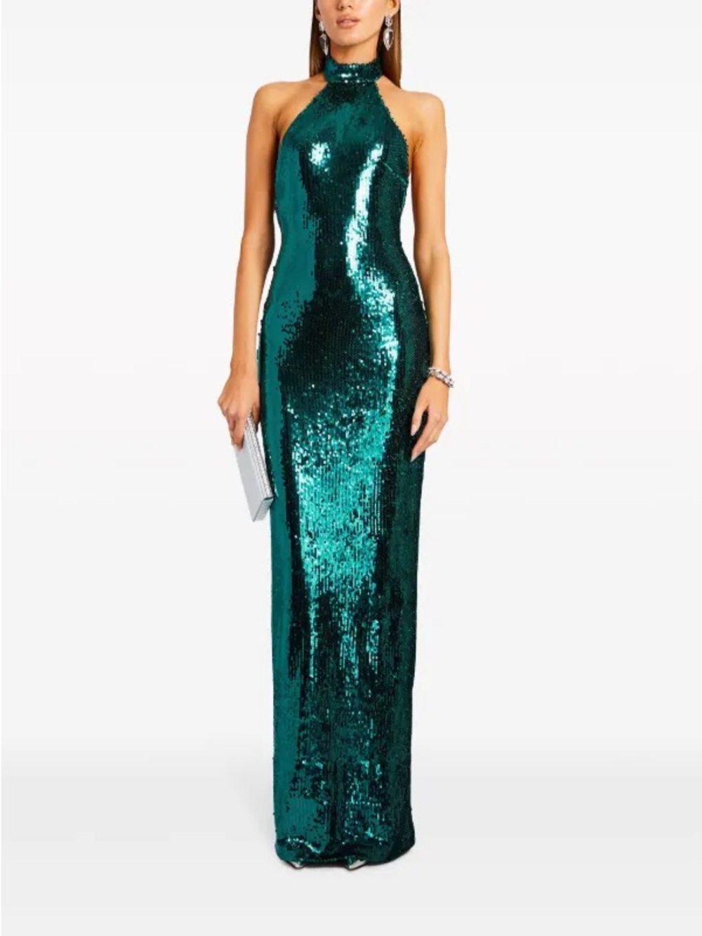 Retrofete Teal Sequin Halter Maxi Gown